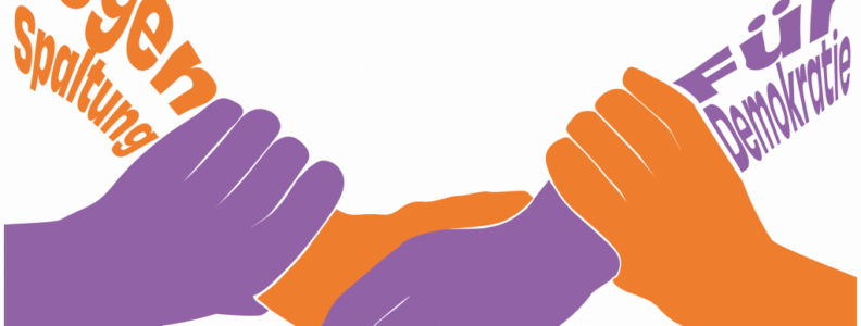 Logo von "Wir sind die Brandmauer" zeigt ineinander verschränkte Hände und den Schriftzug "Für Demokratei gegen Spaltung"