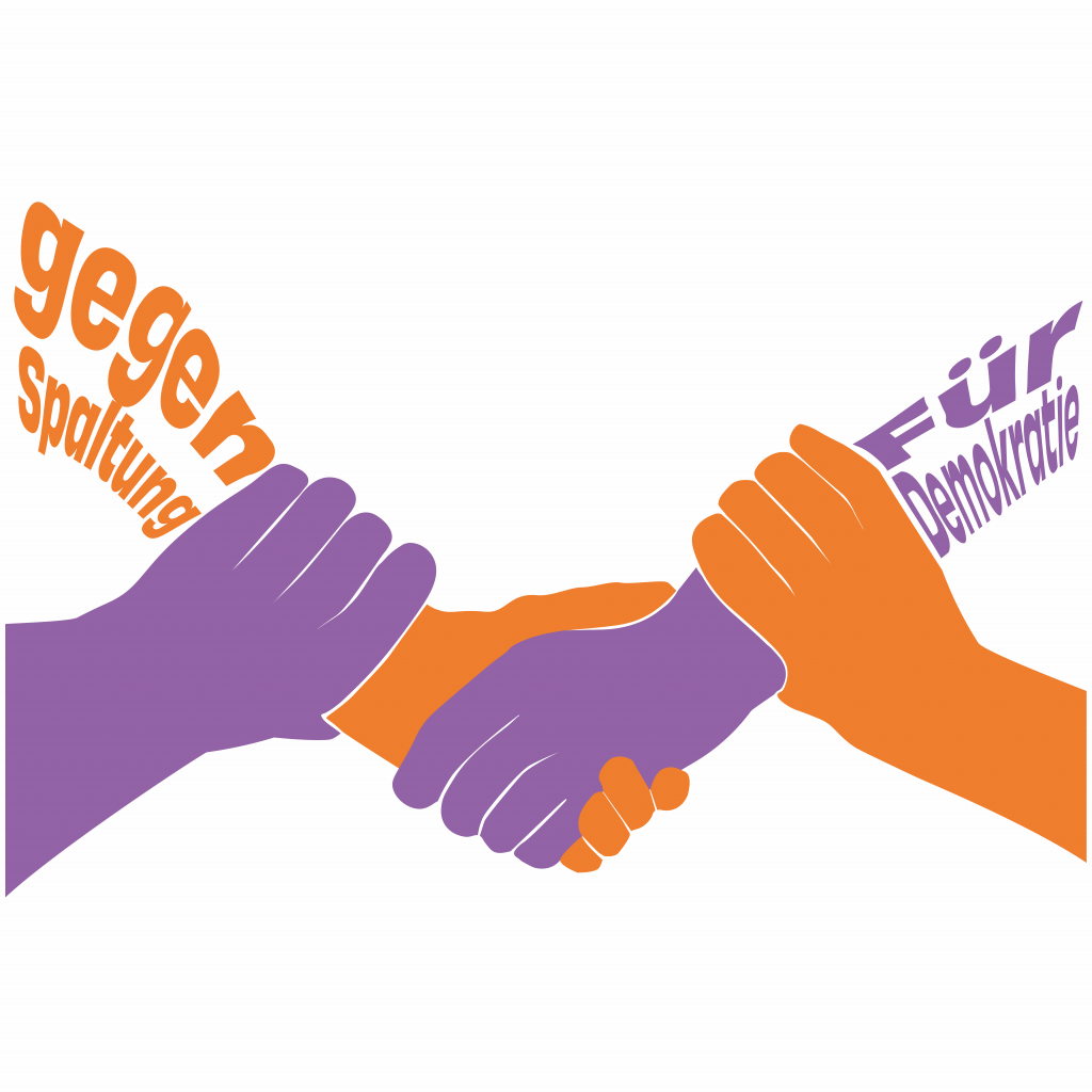 Logo von "Wir sind die Brandmauer" zeigt ineinander verschränkte Hände und den Schriftzug "Für Demokratei gegen Spaltung"
