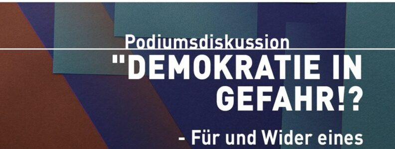 Abstrakte Grafik zur Podiumsdiskussion mit dem Schriftzug "Demokratei in Gefahr!? - Für und Wider eines AfD-Verbotsverfahrens" und den Daten 6. März 2024, 19:00 Uhr, Dresden